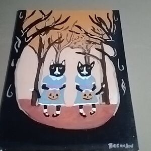 Whimsical Cat Painting in Black and Orange